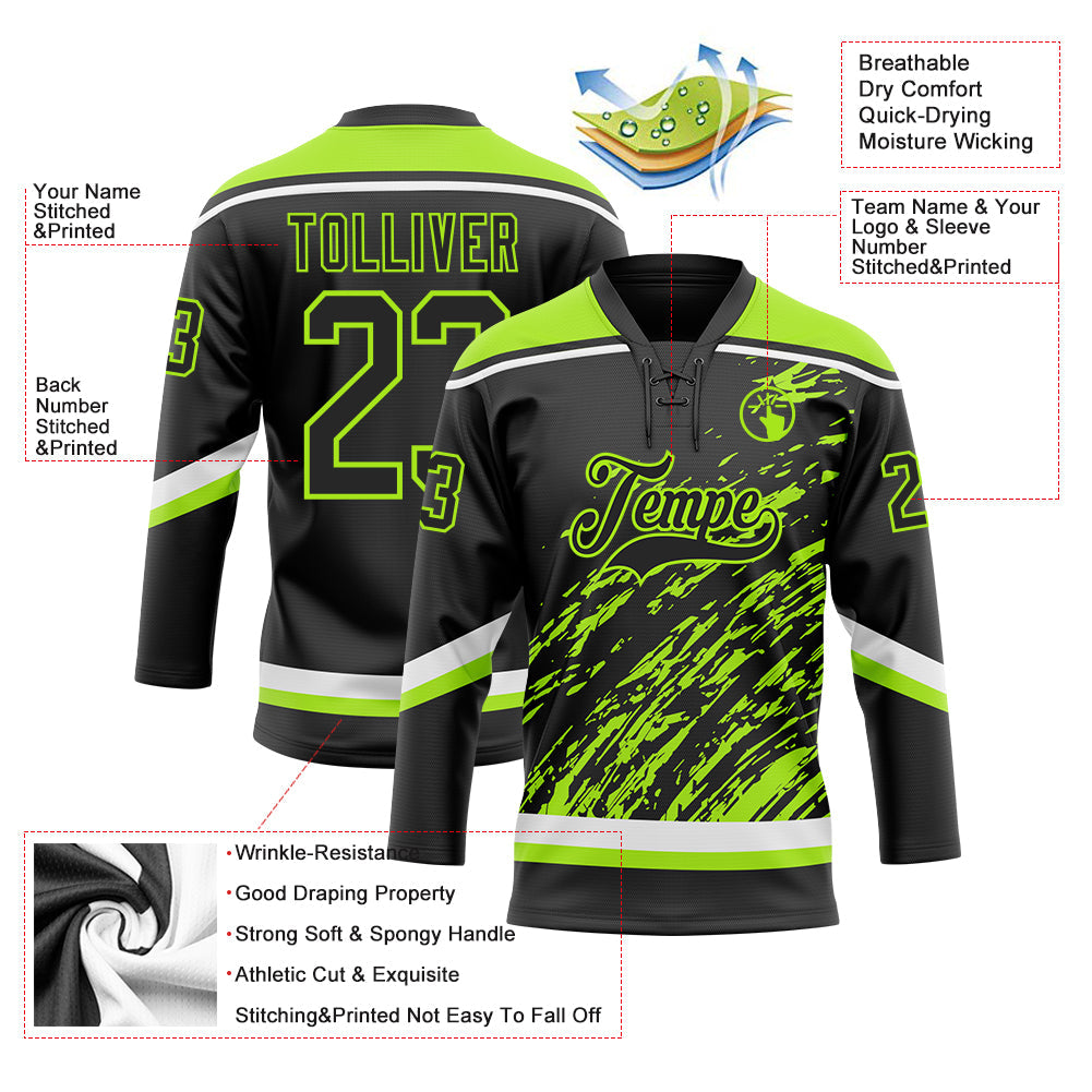 Custom Black Neon Green-White 3D Splash Art Hockey Lace Neck Jersey view 5