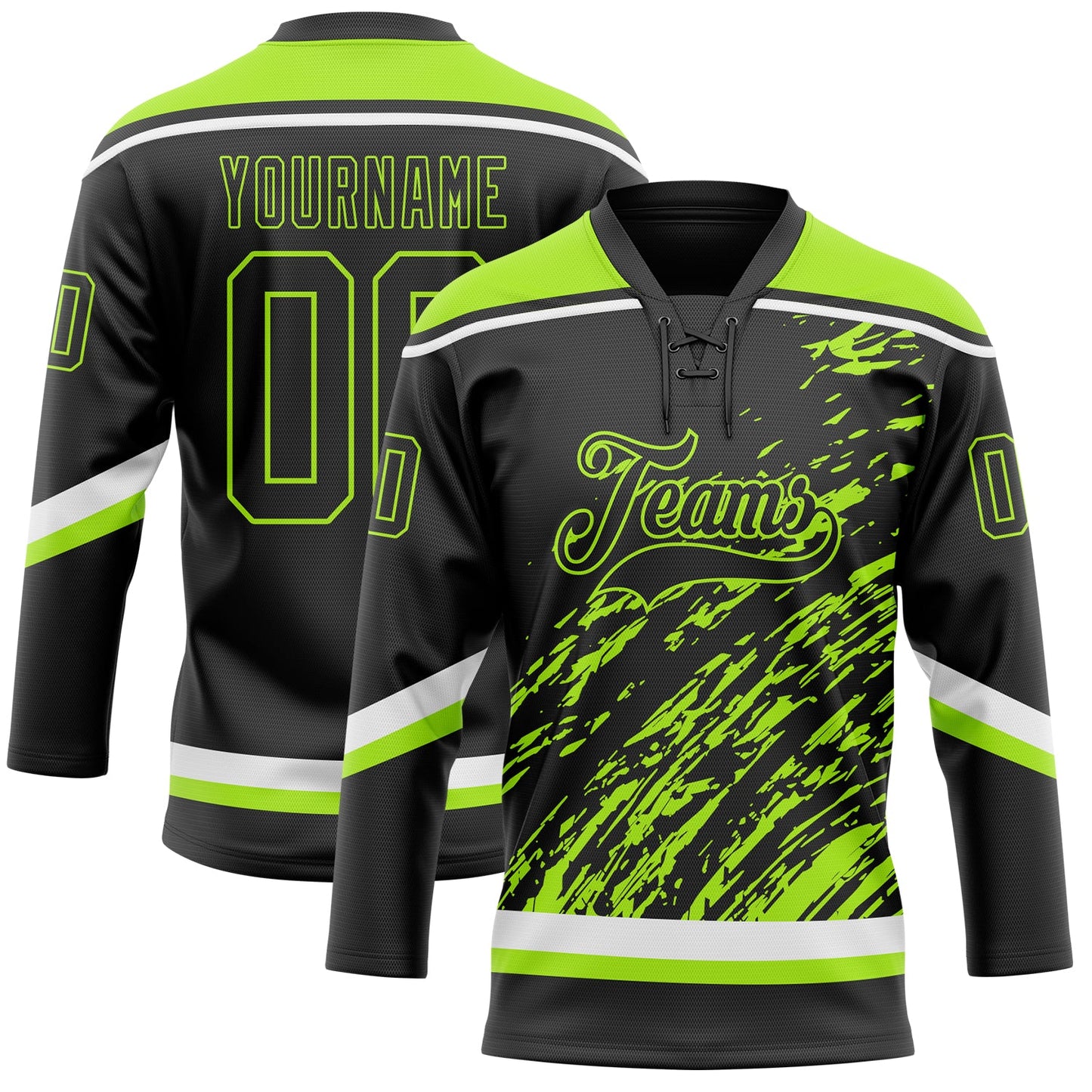 Custom Black Neon Green-White 3D Splash Art Hockey Lace Neck Jersey - Main View