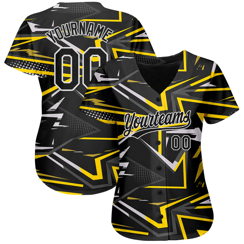 Custom Black Black-Gold 3D Pattern Design Authentic Baseball Jersey view 2
