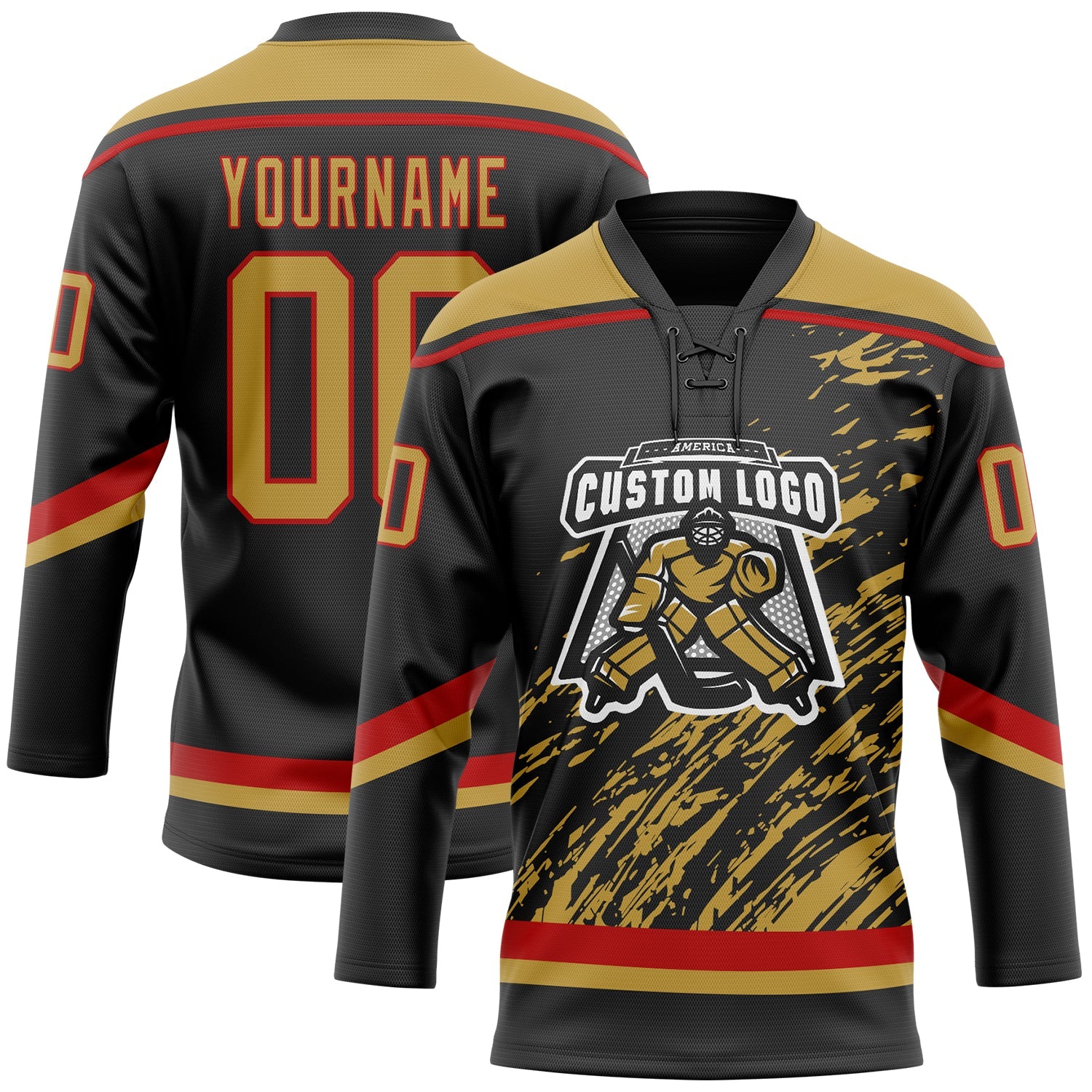 Custom Black Old Gold Red-White 3D Splash Art Hockey Lace Neck Jersey view 2