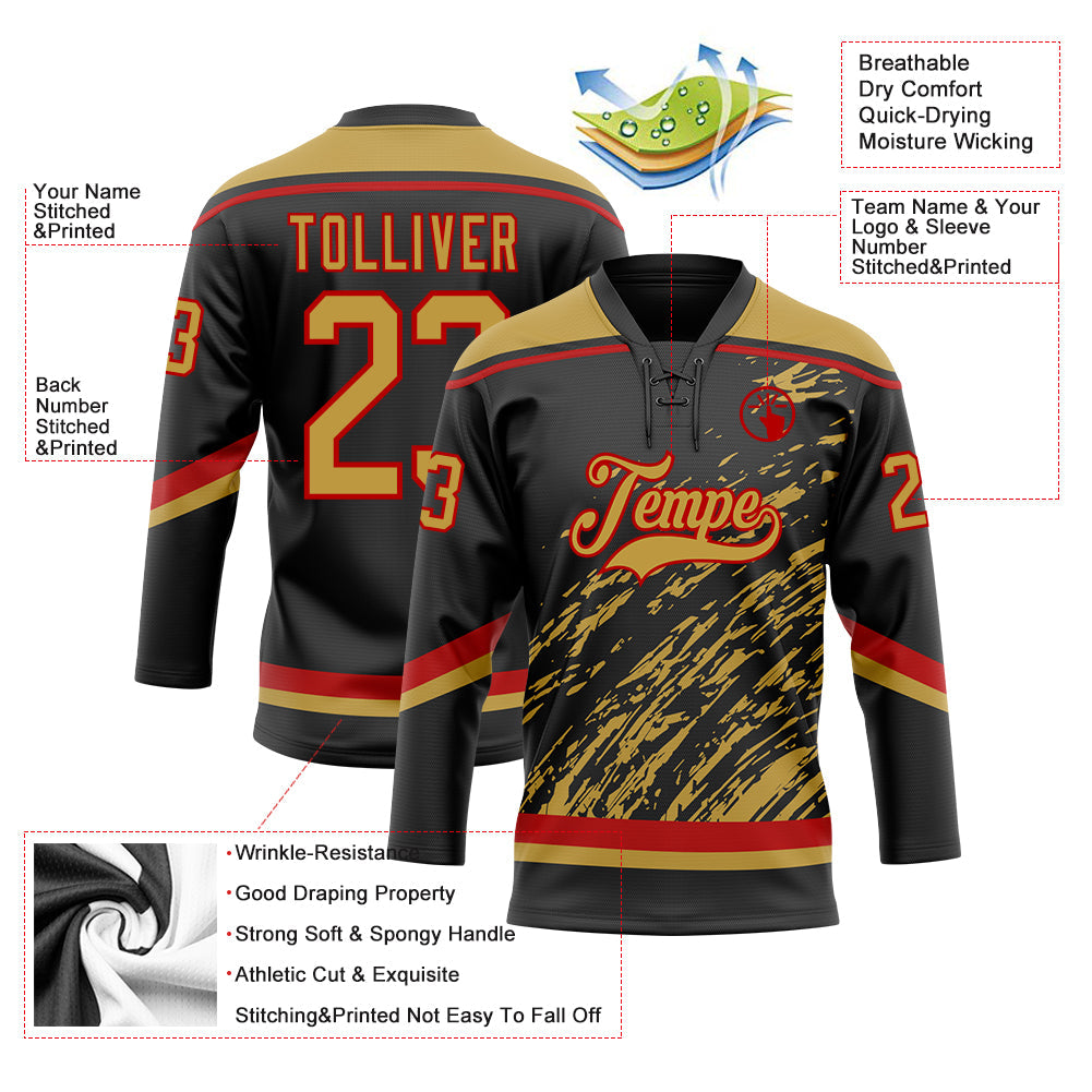 Custom Black Old Gold Red-White 3D Splash Art Hockey Lace Neck Jersey view 5