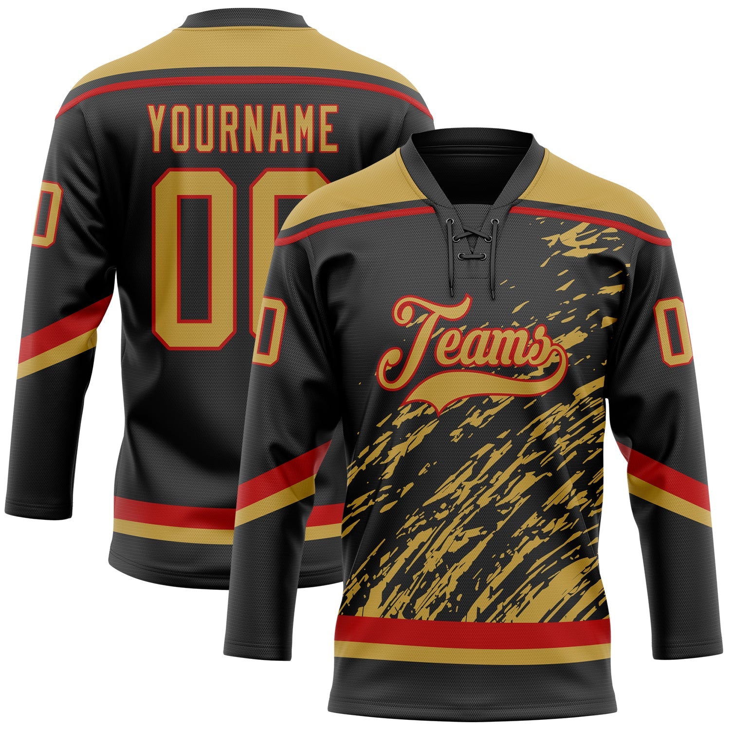Custom Black Old Gold Red-White 3D Splash Art Hockey Lace Neck Jersey - Main View