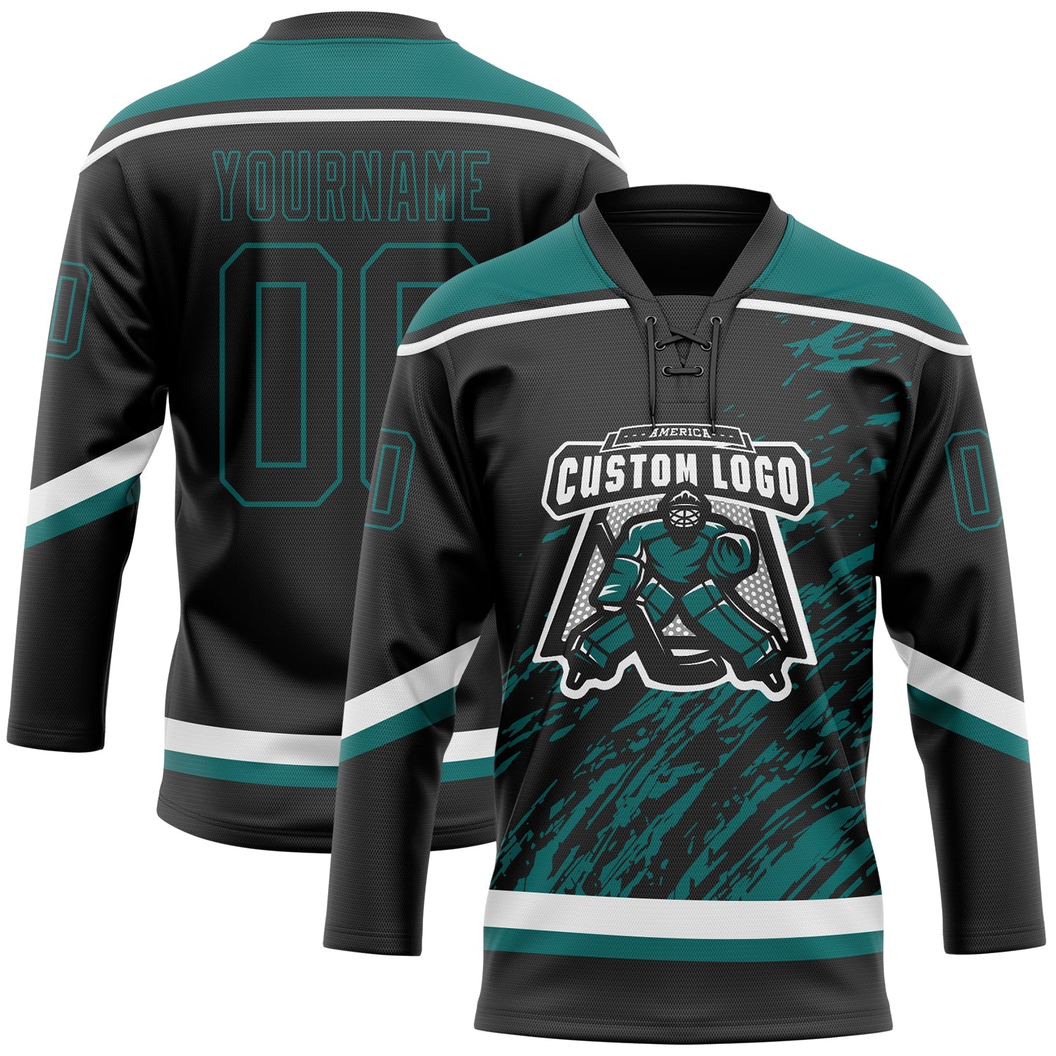 Custom Black Teal-White 3D Splash Art Hockey Lace Neck Jersey view 2