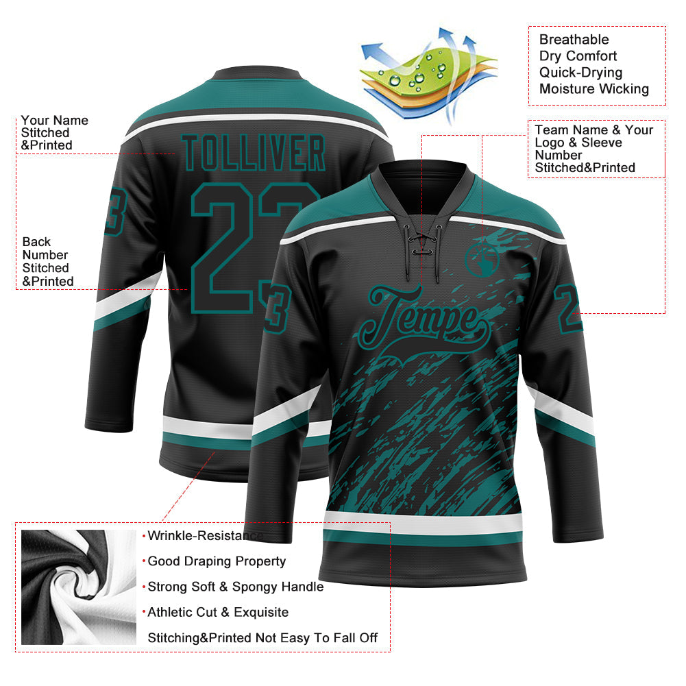 Custom Black Teal-White 3D Splash Art Hockey Lace Neck Jersey view 5