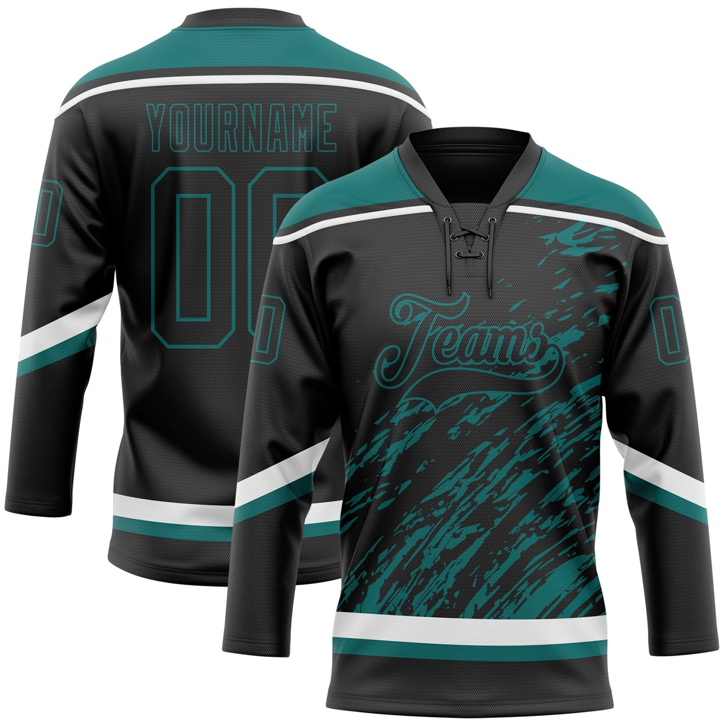 Custom Black Teal-White 3D Splash Art Hockey Lace Neck Jersey - Main View