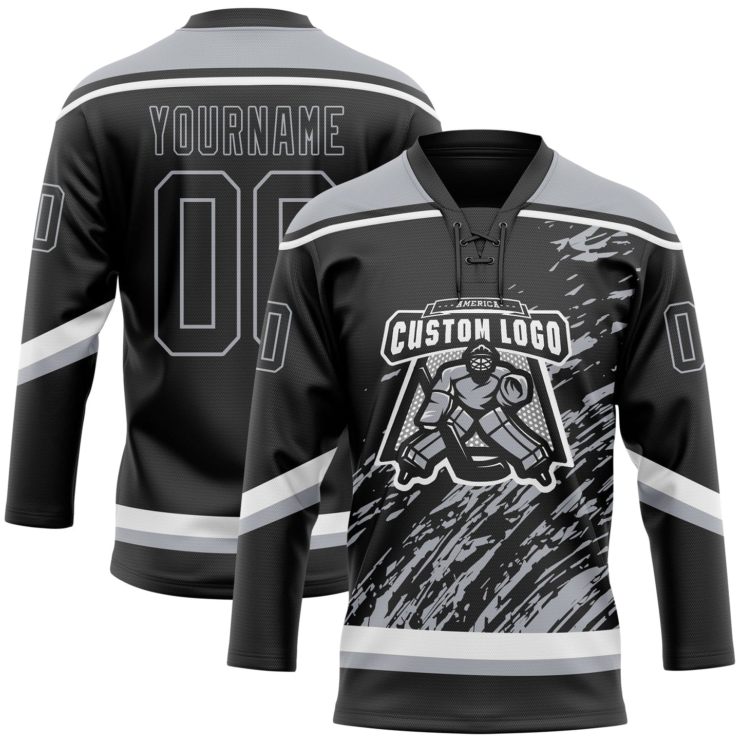 Custom Black Gray-White 3D Splash Art Hockey Lace Neck Jersey view 2