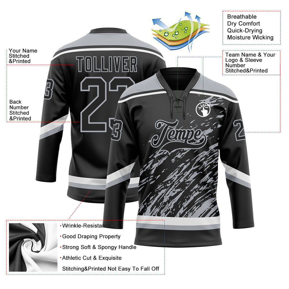 Custom Black Gray-White 3D Splash Art Hockey Lace Neck Jersey view 5