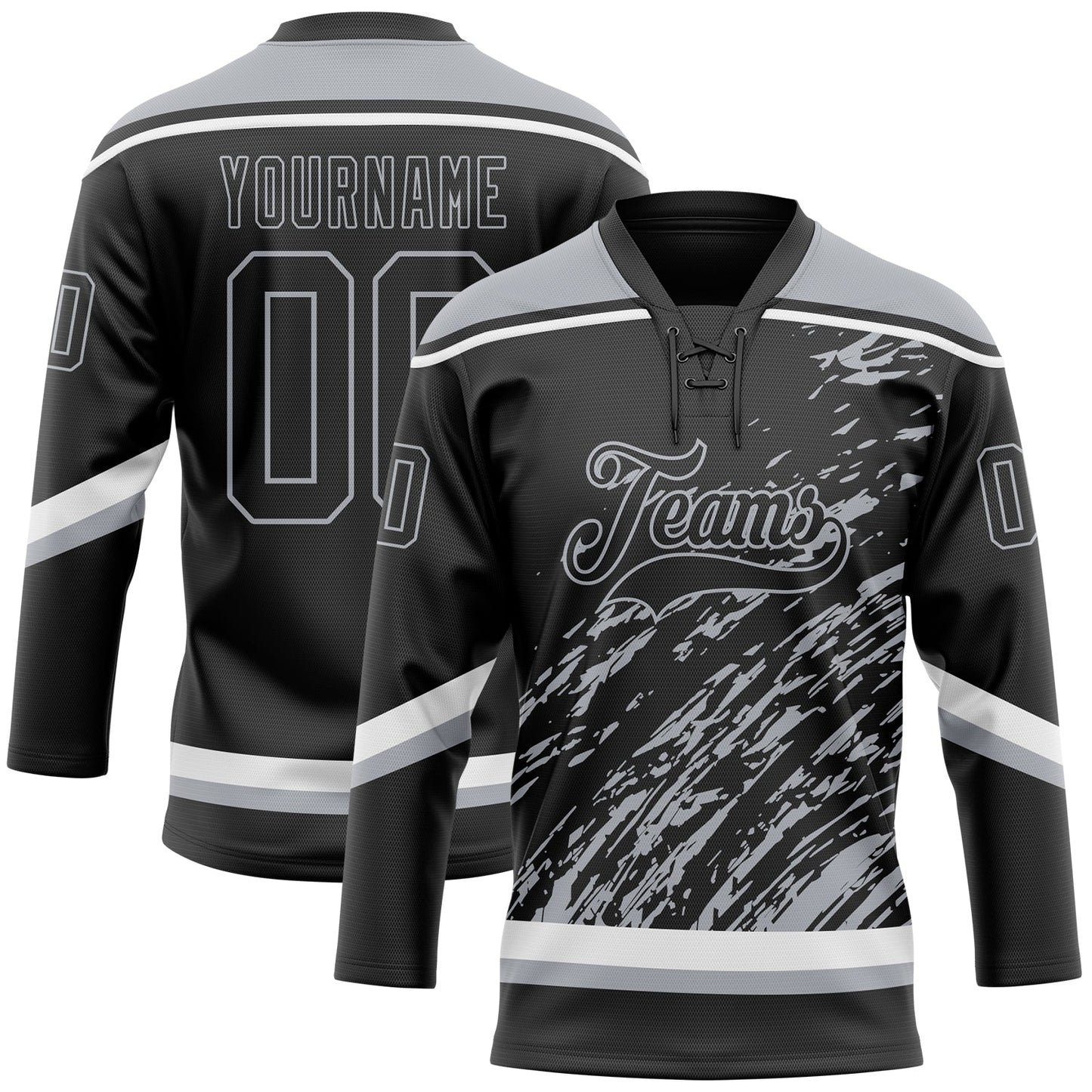 Custom Black Gray-White 3D Splash Art Hockey Lace Neck Jersey - Main View