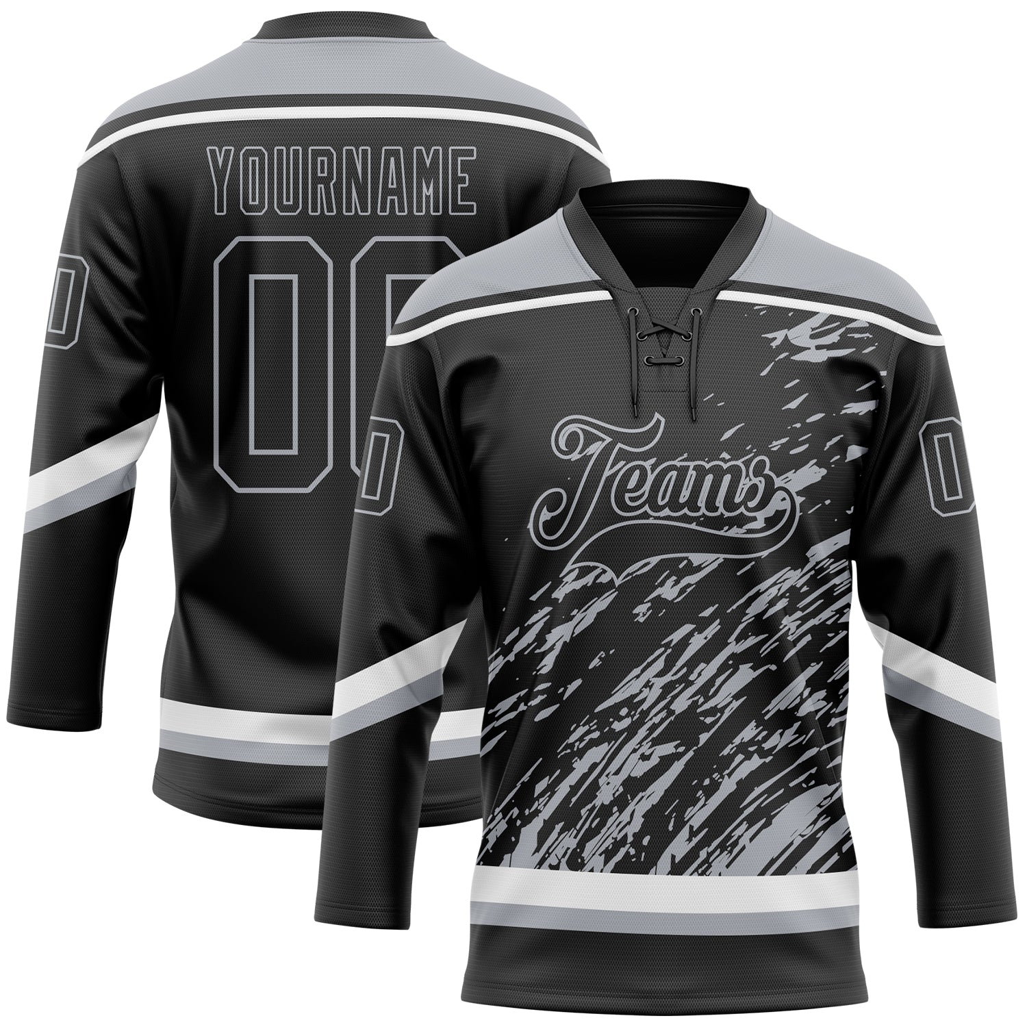 Custom Black Gray-White 3D Splash Art Hockey Lace Neck Jersey - Main View
