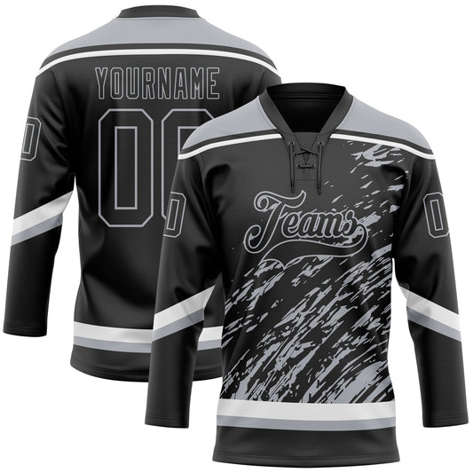 Custom Black Gray-White 3D Splash Art Hockey Lace Neck Jersey - Main View