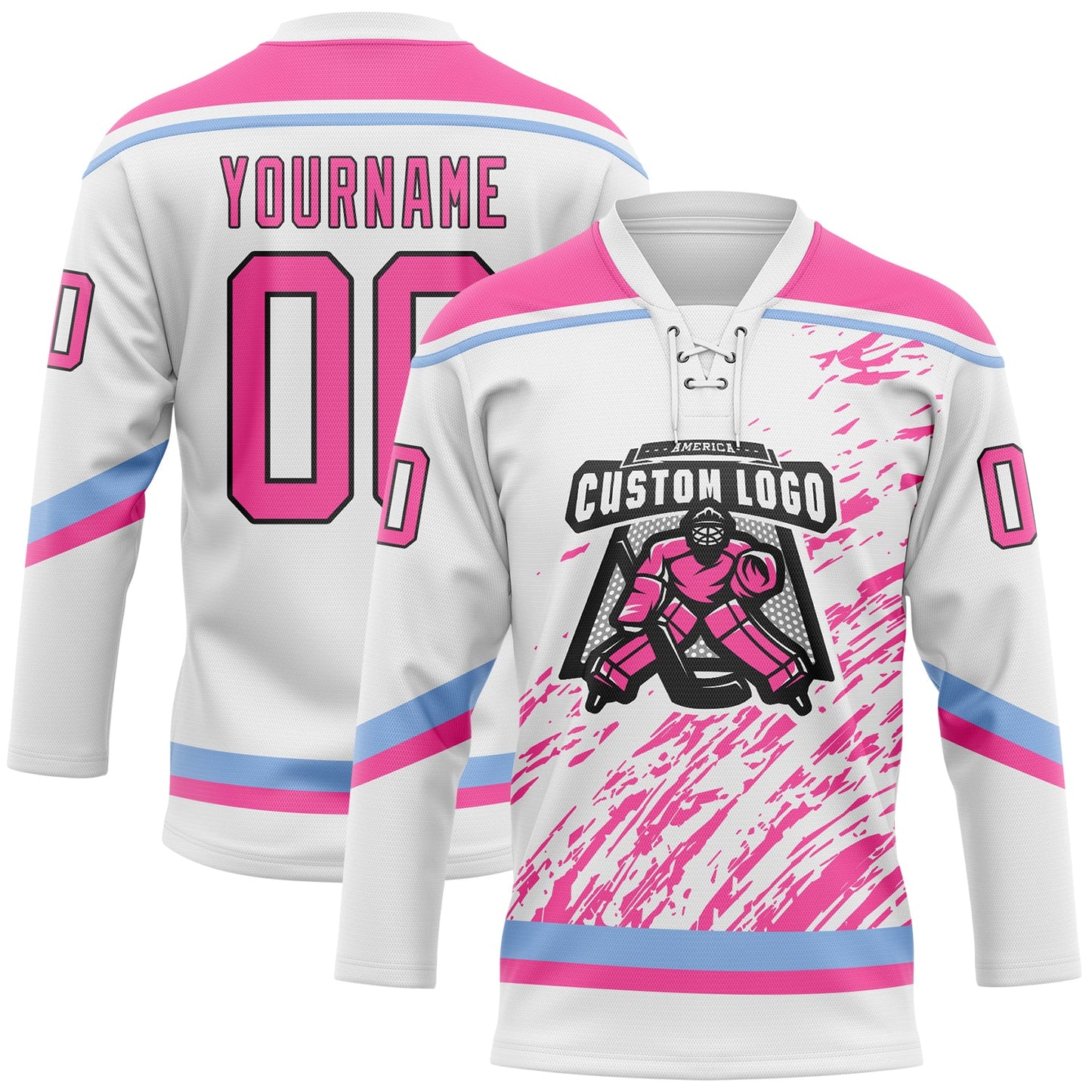 Custom White Pink Light Blue-Black 3D Splash Art Hockey Lace Neck Jersey view 2