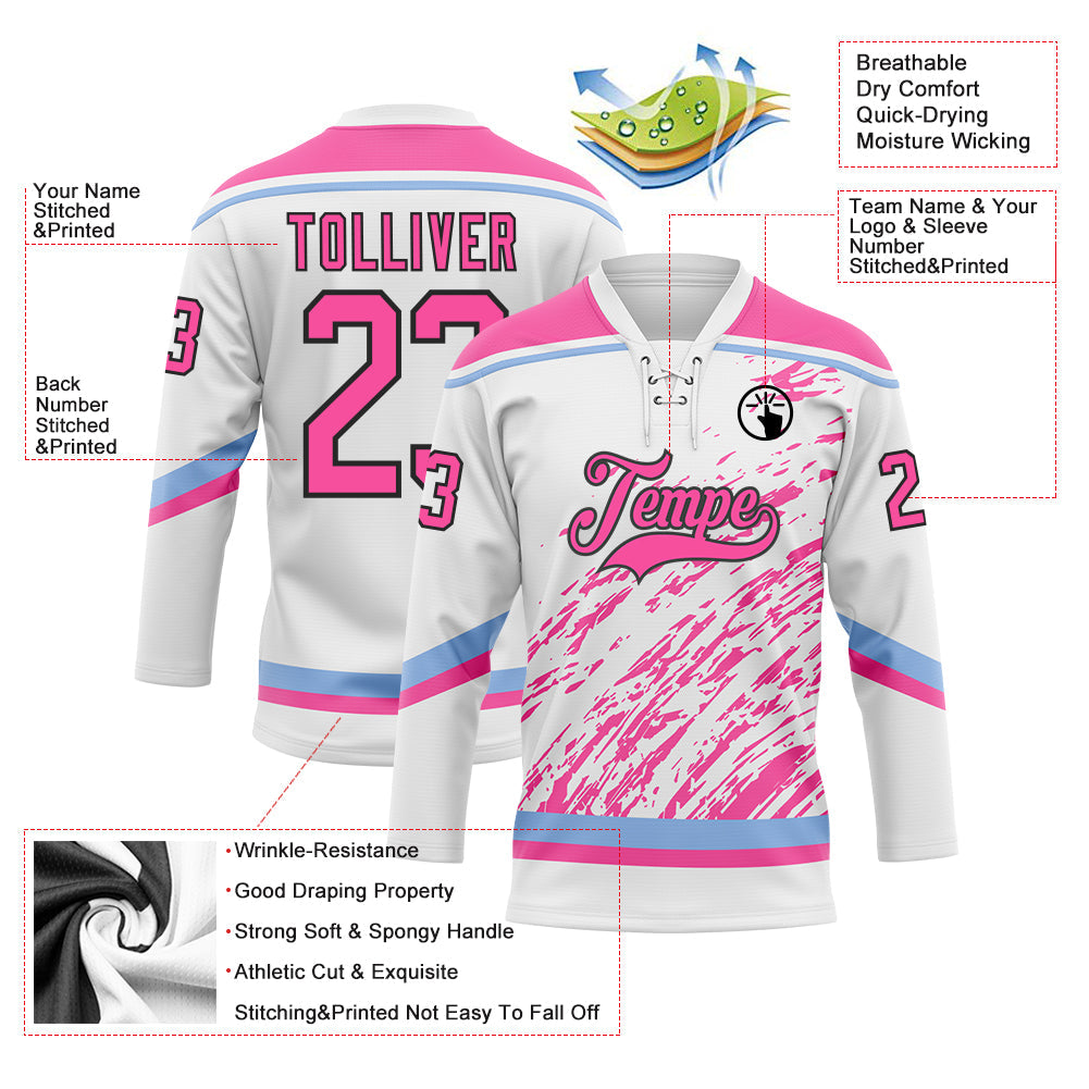Custom White Pink Light Blue-Black 3D Splash Art Hockey Lace Neck Jersey view 5