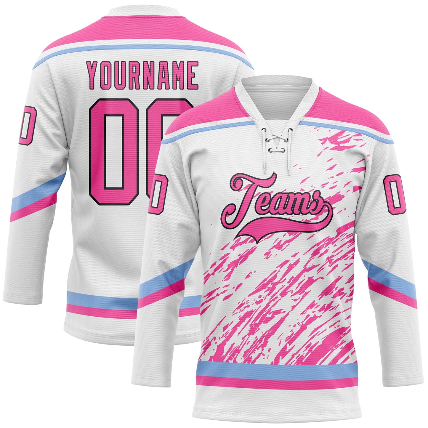 Custom White Pink Light Blue-Black 3D Splash Art Hockey Lace Neck Jersey - Main View