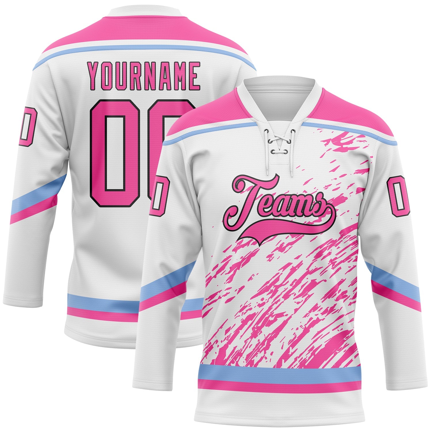 Custom White Pink Light Blue-Black 3D Splash Art Hockey Lace Neck Jersey - Main View
