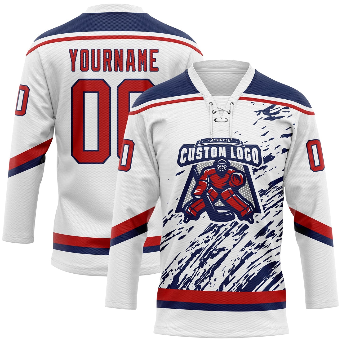 Custom White Red-Navy 3D Splash Art Hockey Lace Neck Jersey view 2