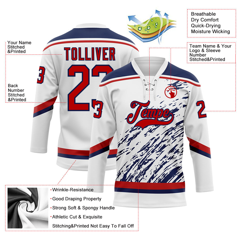 Custom White Red-Navy 3D Splash Art Hockey Lace Neck Jersey view 5
