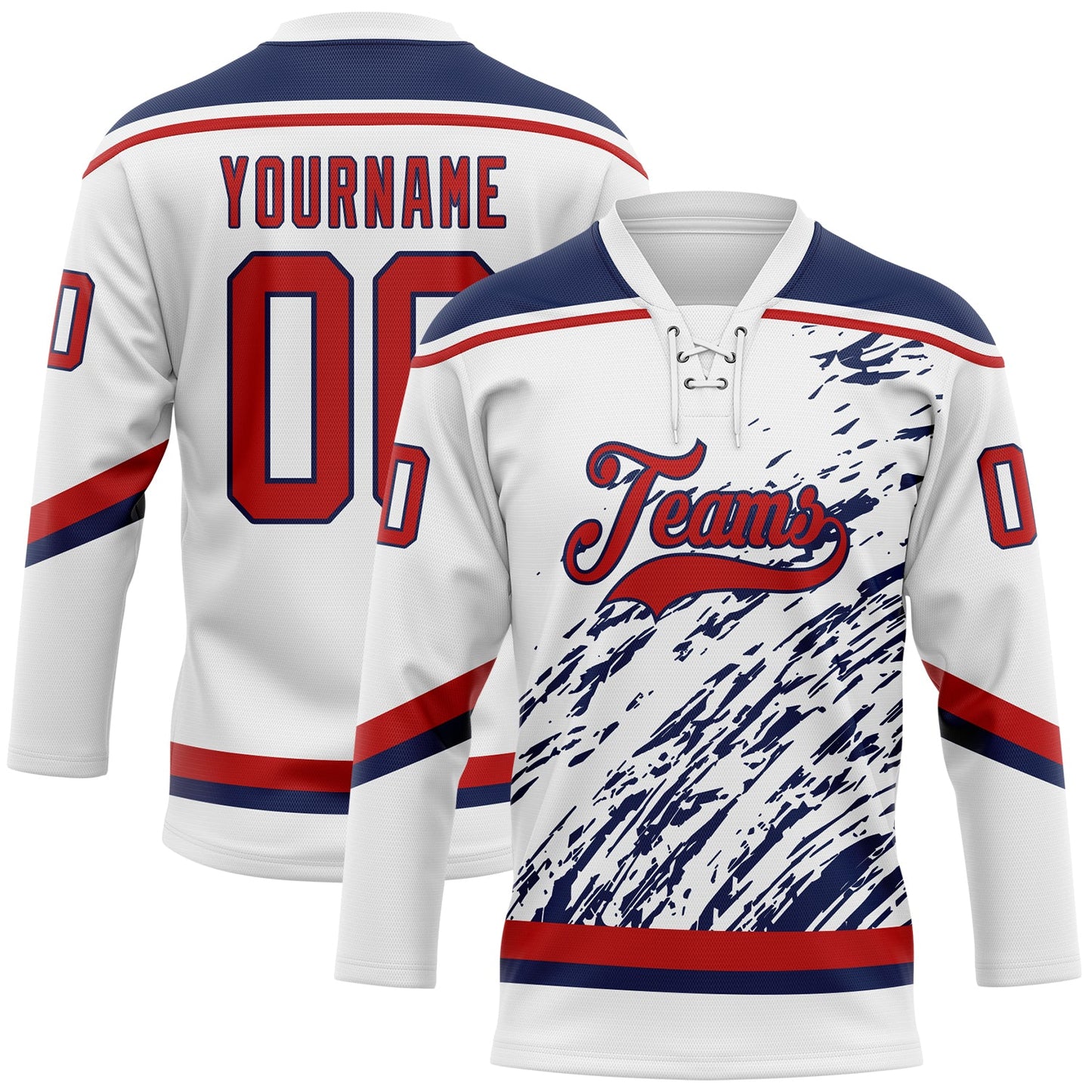 Custom White Red-Navy 3D Splash Art Hockey Lace Neck Jersey - Main View
