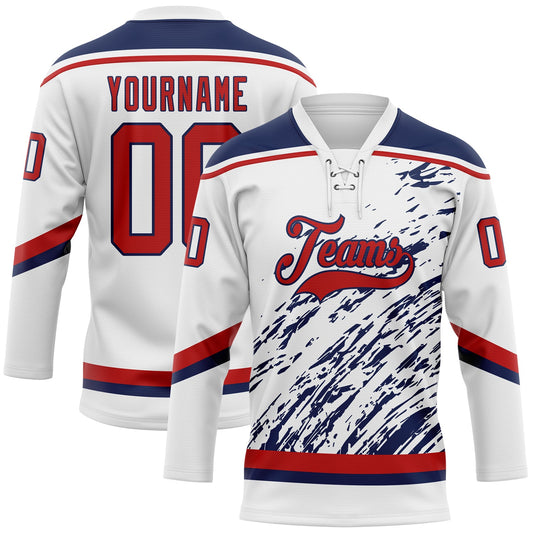 Custom White Red-Navy 3D Splash Art Hockey Lace Neck Jersey - Main View