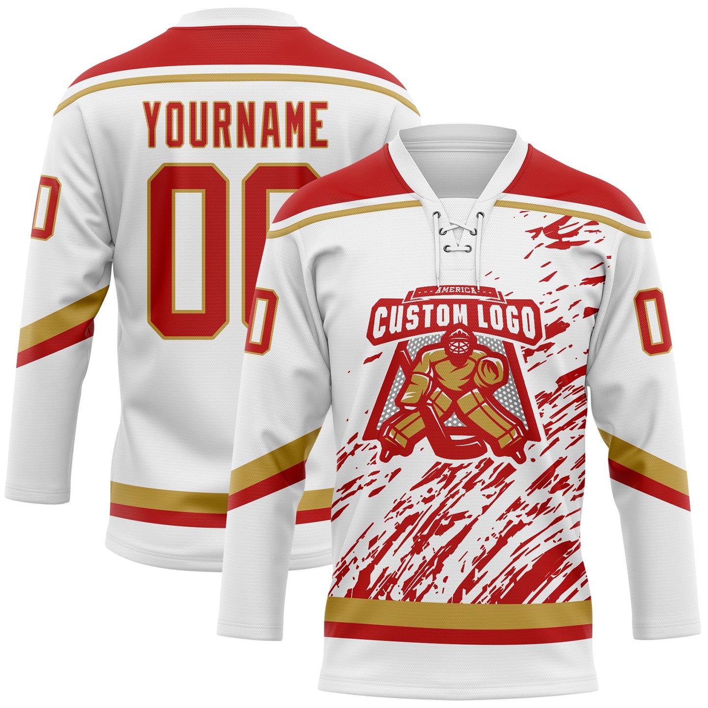 Custom White Red-Old Gold 3D Splash Art Hockey Lace Neck Jersey view 2