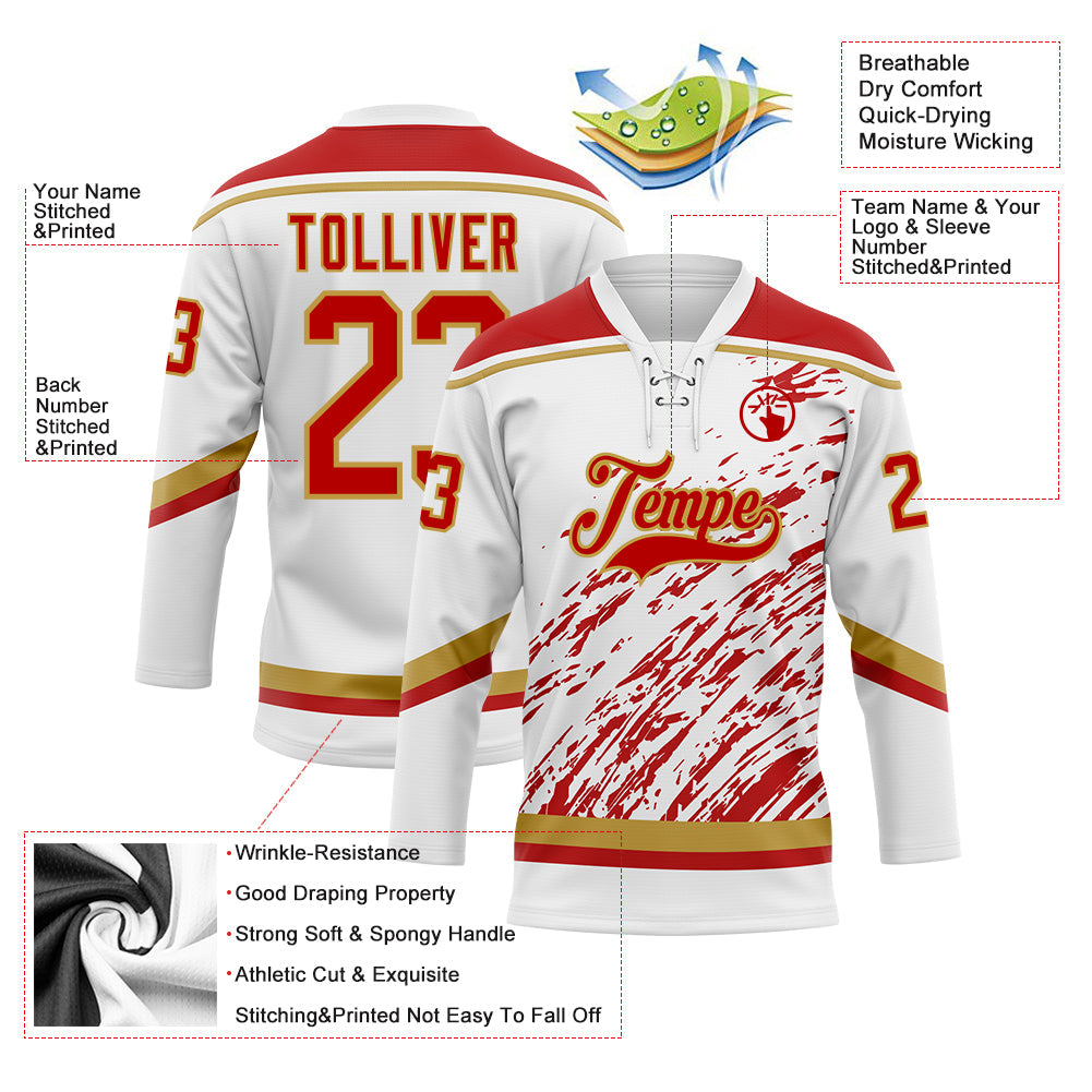 Custom White Red-Old Gold 3D Splash Art Hockey Lace Neck Jersey view 5