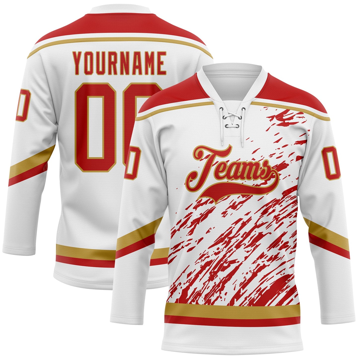 Custom White Red-Old Gold 3D Splash Art Hockey Lace Neck Jersey - Main View
