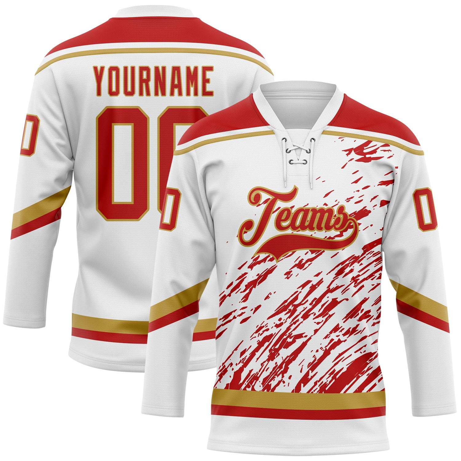 Custom White Red-Old Gold 3D Splash Art Hockey Lace Neck Jersey - Main View