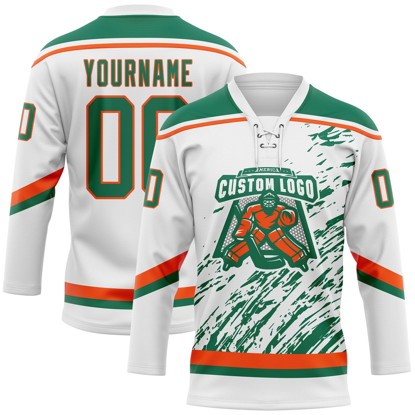Custom White Kelly Green-Orange 3D Splash Art Hockey Lace Neck Jersey view 2