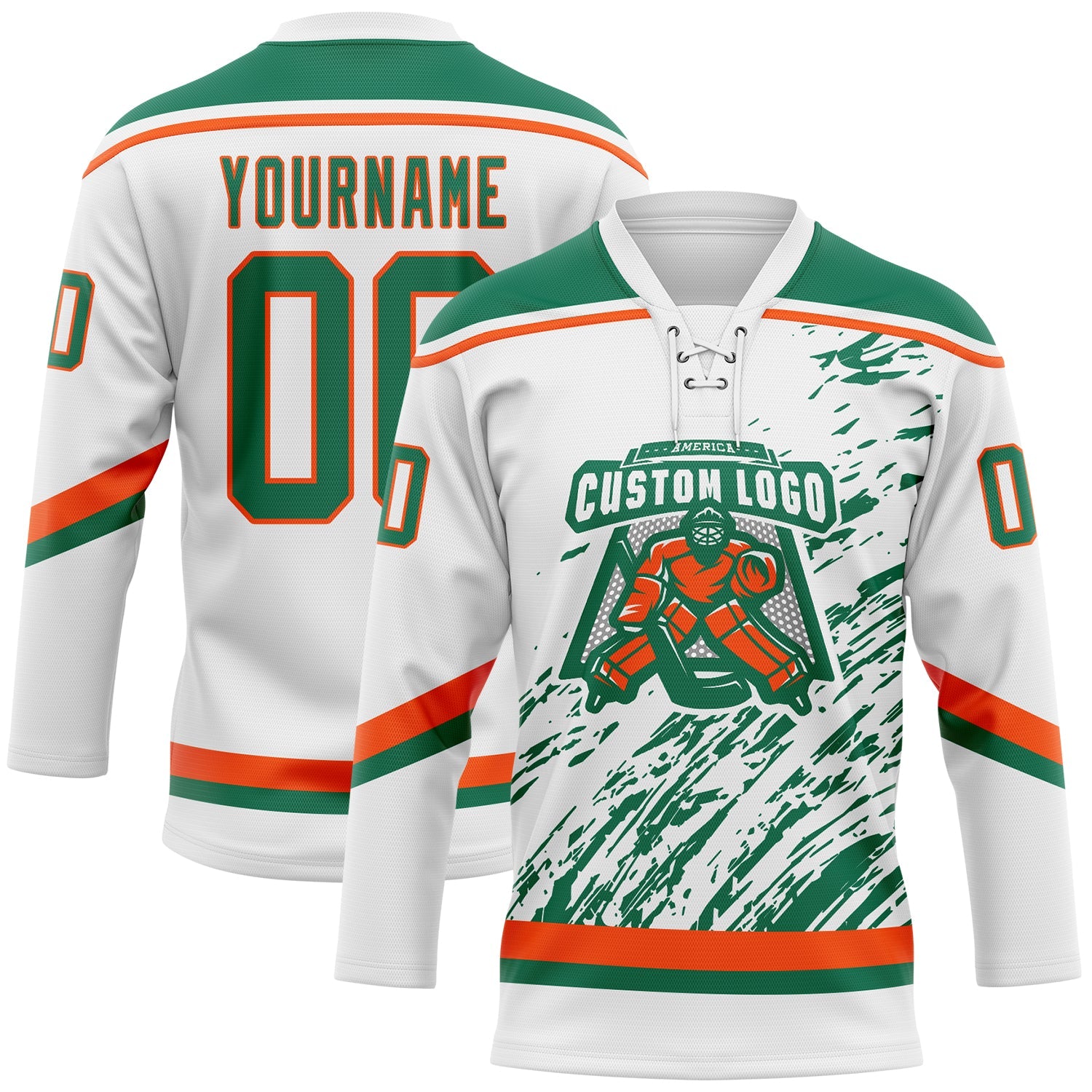 Custom White Kelly Green-Orange 3D Splash Art Hockey Lace Neck Jersey view 2