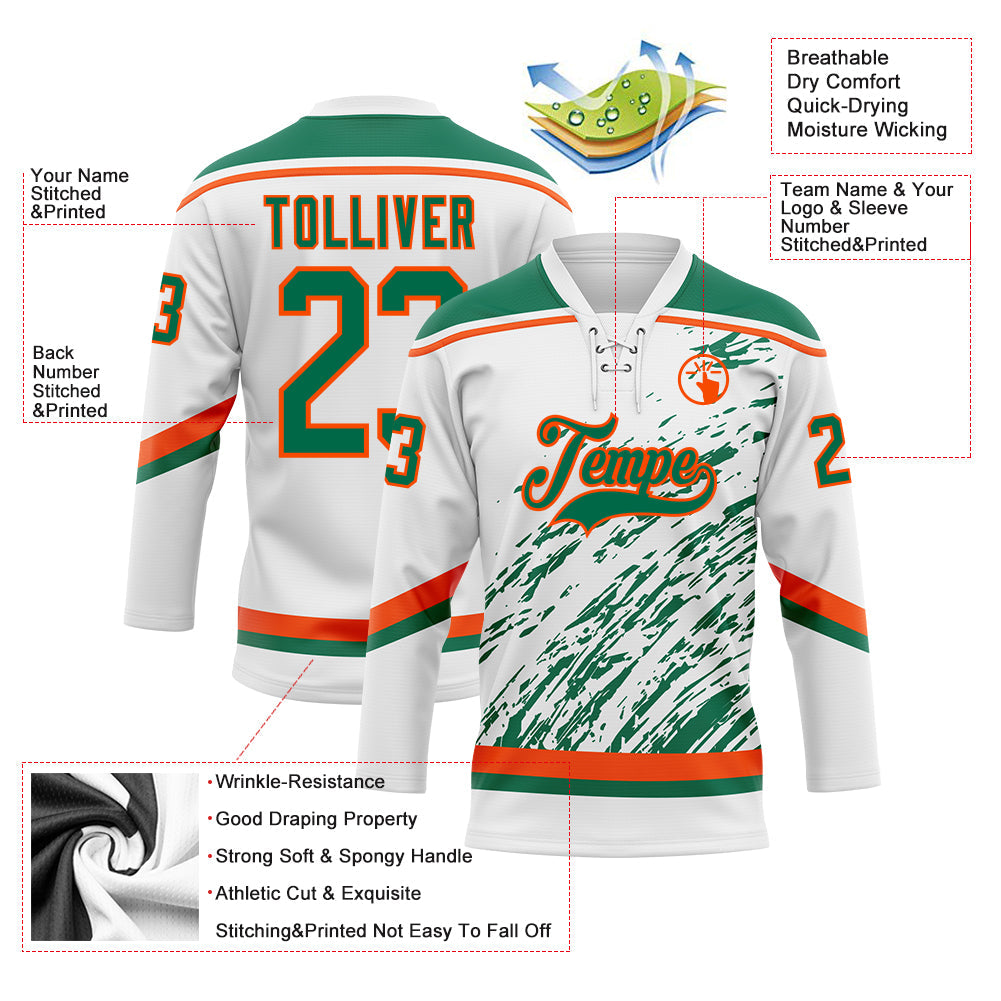 Custom White Kelly Green-Orange 3D Splash Art Hockey Lace Neck Jersey view 5