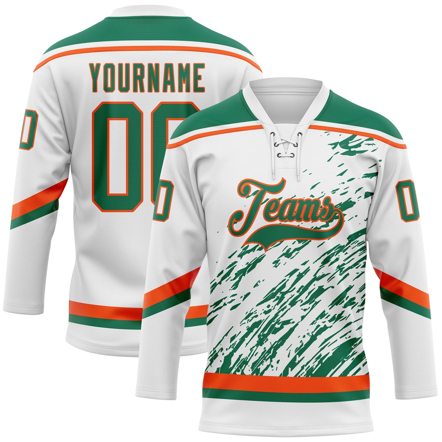 Custom White Kelly Green-Orange 3D Splash Art Hockey Lace Neck Jersey - Main View