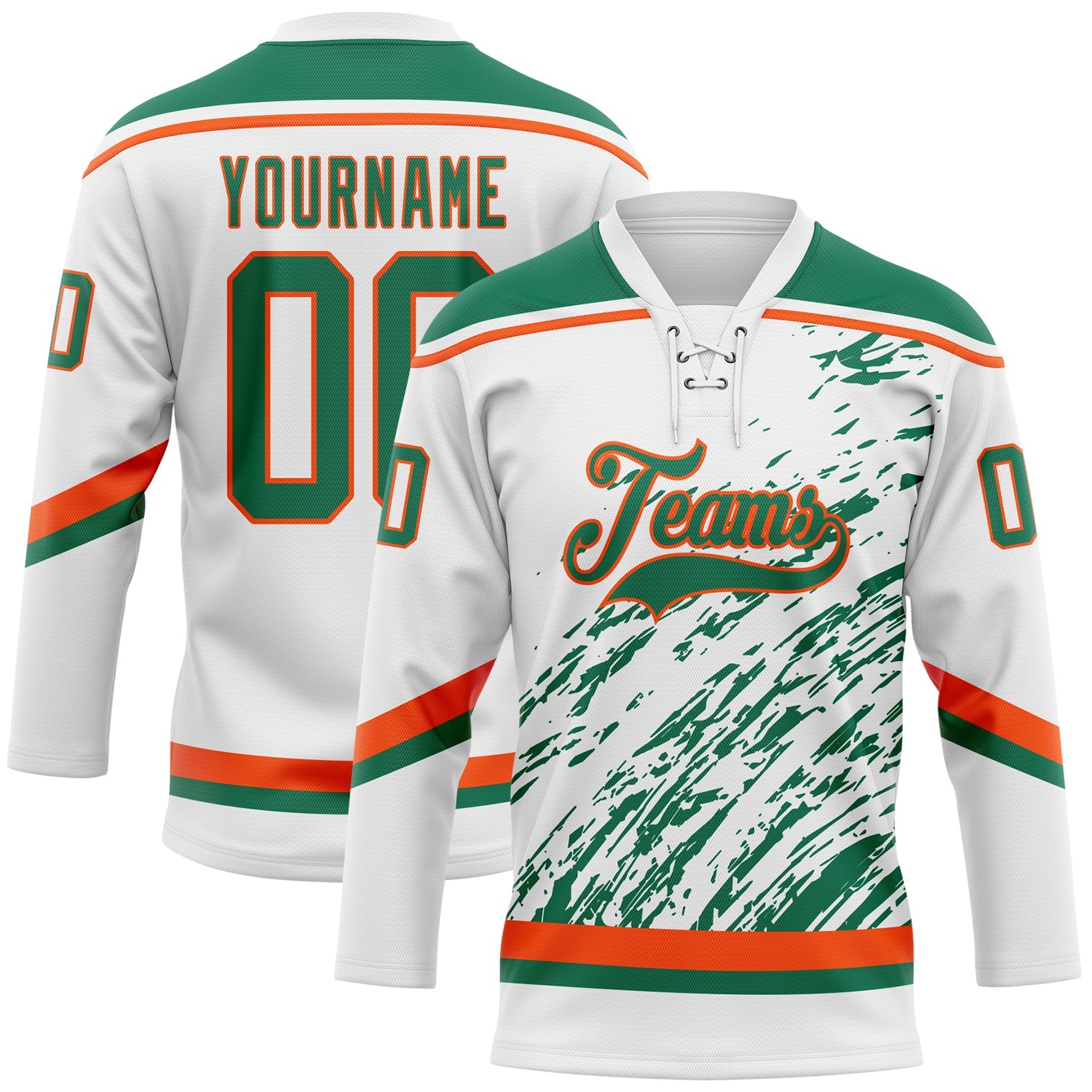 Custom White Kelly Green-Orange 3D Splash Art Hockey Lace Neck Jersey - Main View