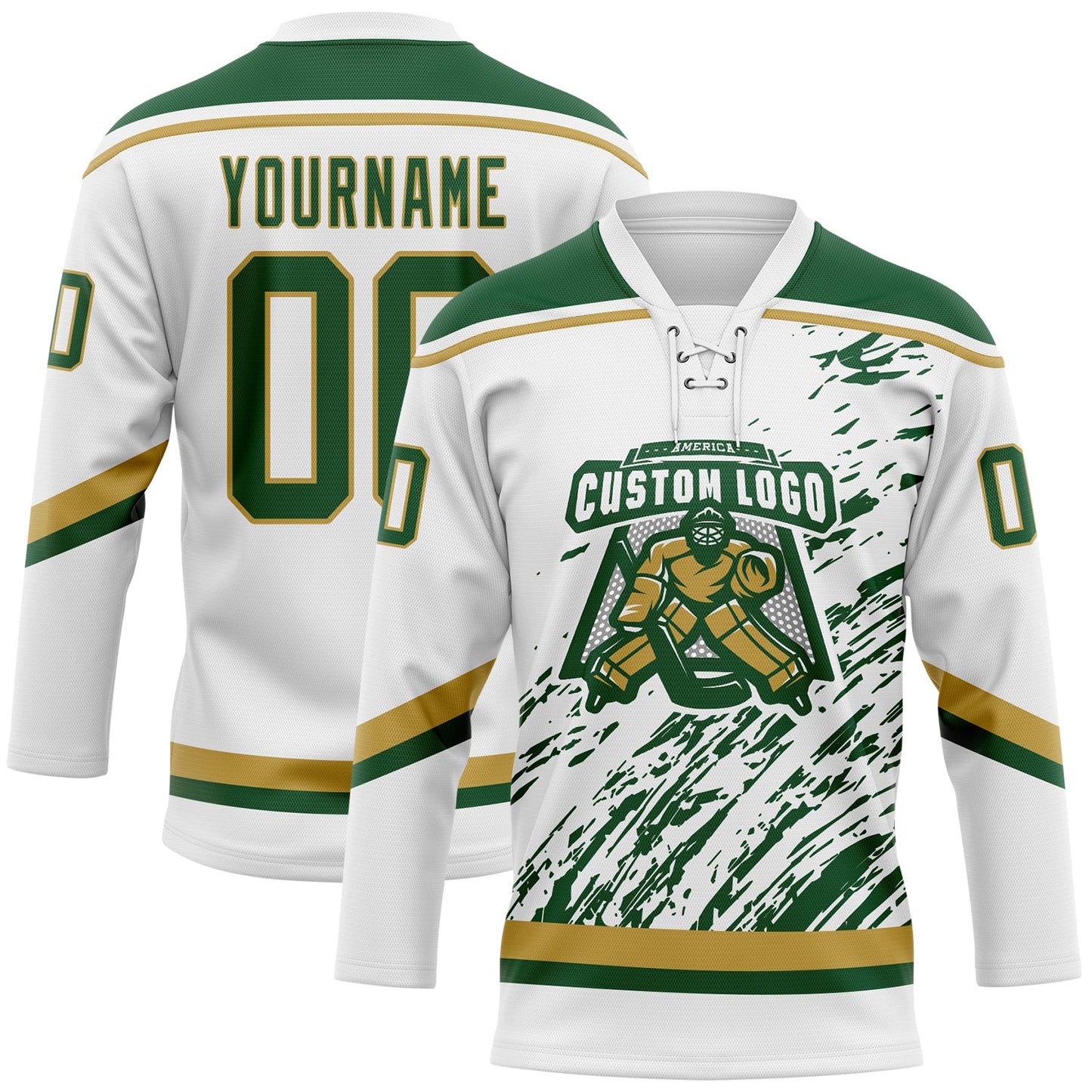Custom White Green-Old Gold 3D Splash Art Hockey Lace Neck Jersey view 2