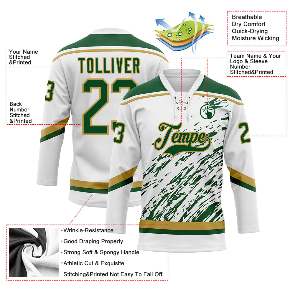 Custom White Green-Old Gold 3D Splash Art Hockey Lace Neck Jersey view 5