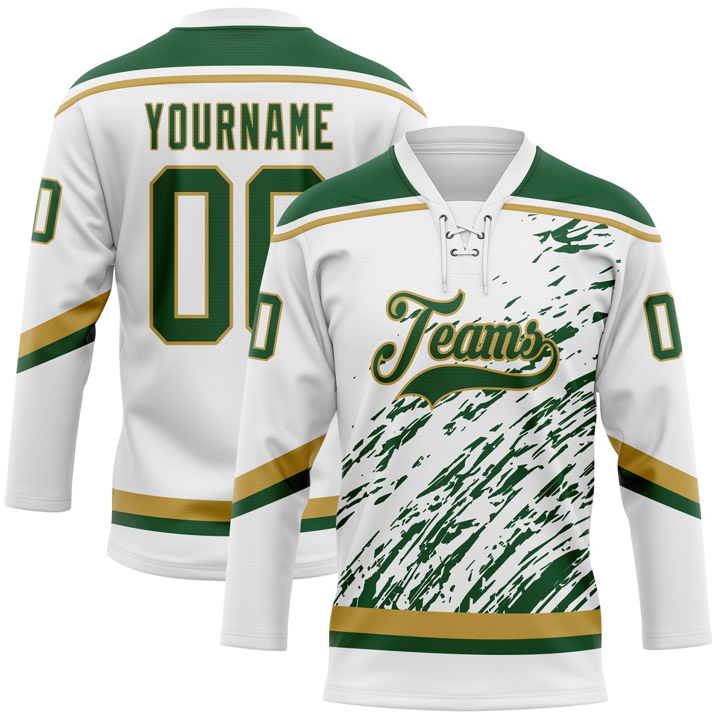 Custom White Green-Old Gold 3D Splash Art Hockey Lace Neck Jersey - Main View