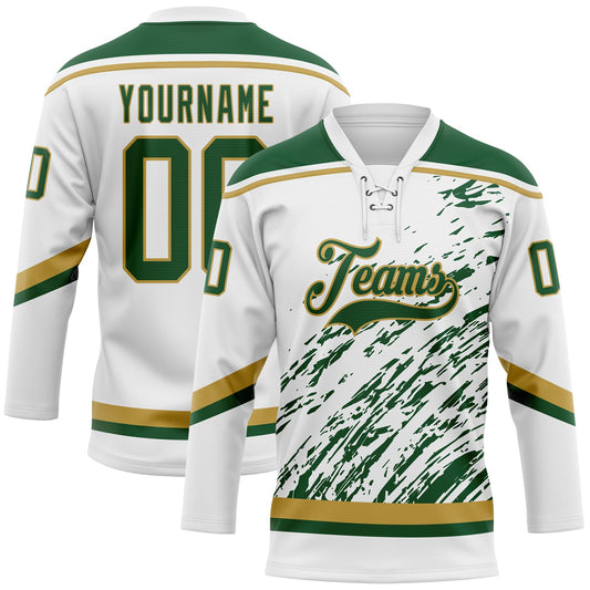 Custom White Green-Old Gold 3D Splash Art Hockey Lace Neck Jersey - Main View