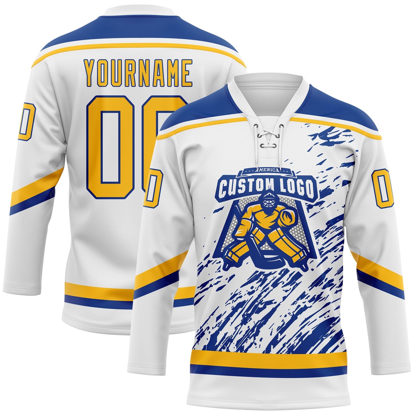 Custom White Gold-Royal 3D Splash Art Hockey Lace Neck Jersey view 2