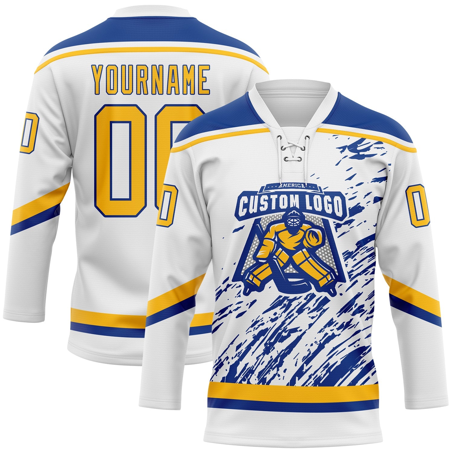 Custom White Gold-Royal 3D Splash Art Hockey Lace Neck Jersey view 2