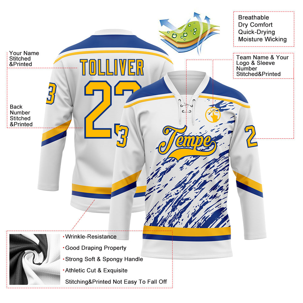 Custom White Gold-Royal 3D Splash Art Hockey Lace Neck Jersey view 5