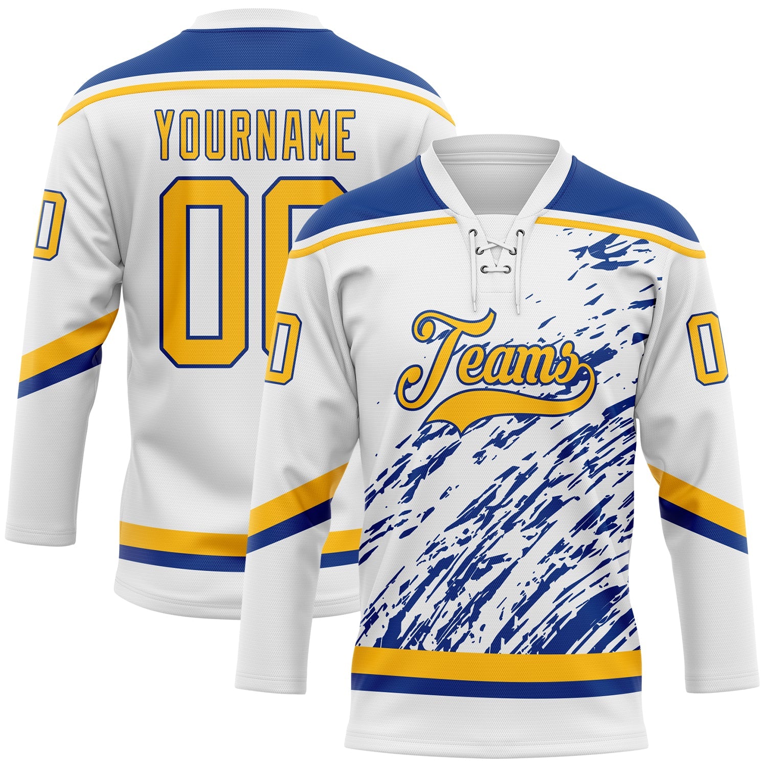Custom White Gold-Royal 3D Splash Art Hockey Lace Neck Jersey - Main View