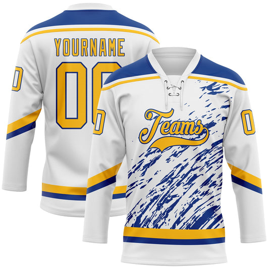 Custom White Gold-Royal 3D Splash Art Hockey Lace Neck Jersey - Main View