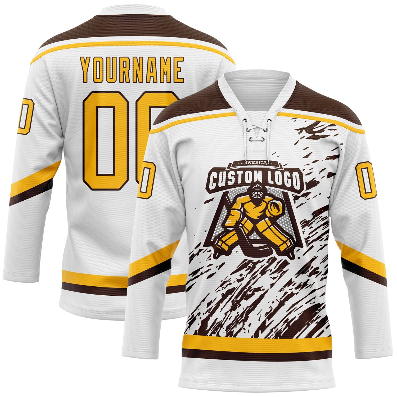Custom White Gold-Brown 3D Splash Art Hockey Lace Neck Jersey view 2