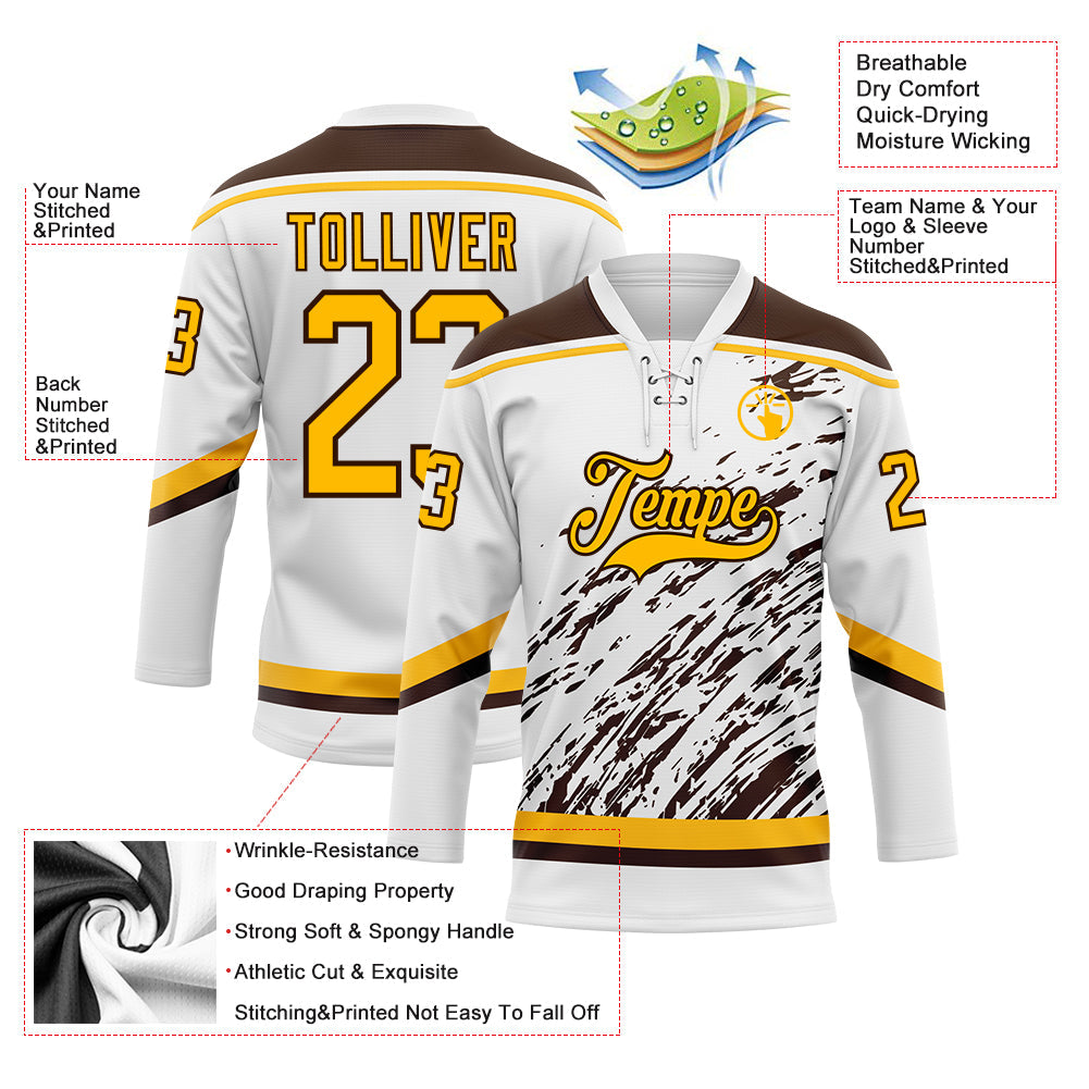 Custom White Gold-Brown 3D Splash Art Hockey Lace Neck Jersey view 5