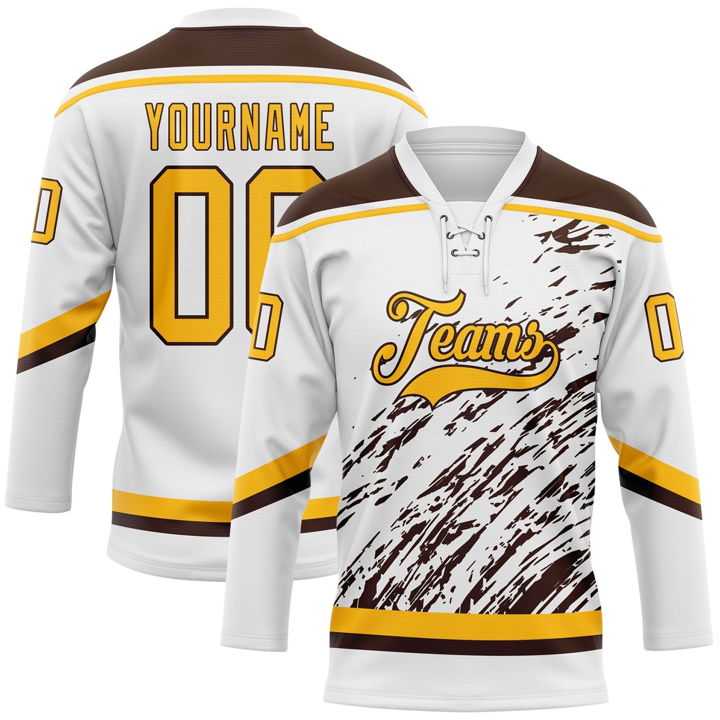 Custom White Gold-Brown 3D Splash Art Hockey Lace Neck Jersey - Main View