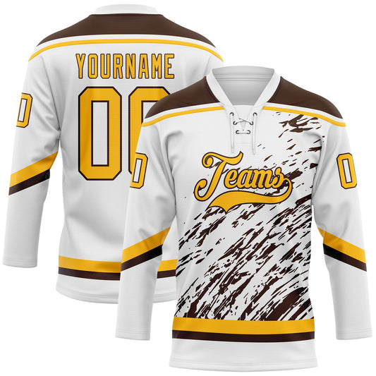 Custom White Gold-Brown 3D Splash Art Hockey Lace Neck Jersey - Main View