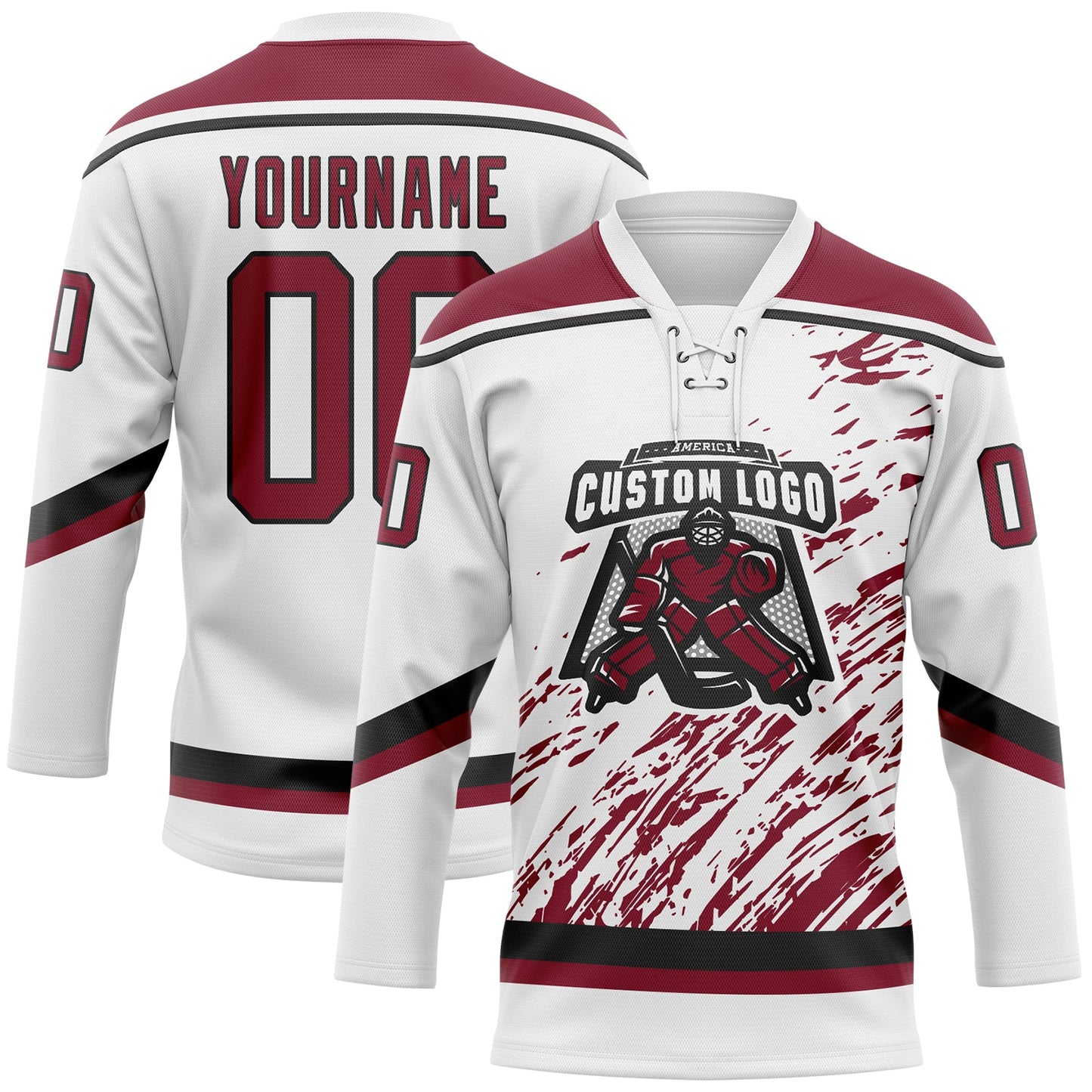 Custom White Crimson-Black 3D Splash Art Hockey Lace Neck Jersey view 2