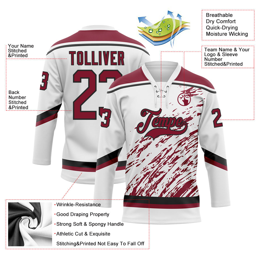 Custom White Crimson-Black 3D Splash Art Hockey Lace Neck Jersey view 5