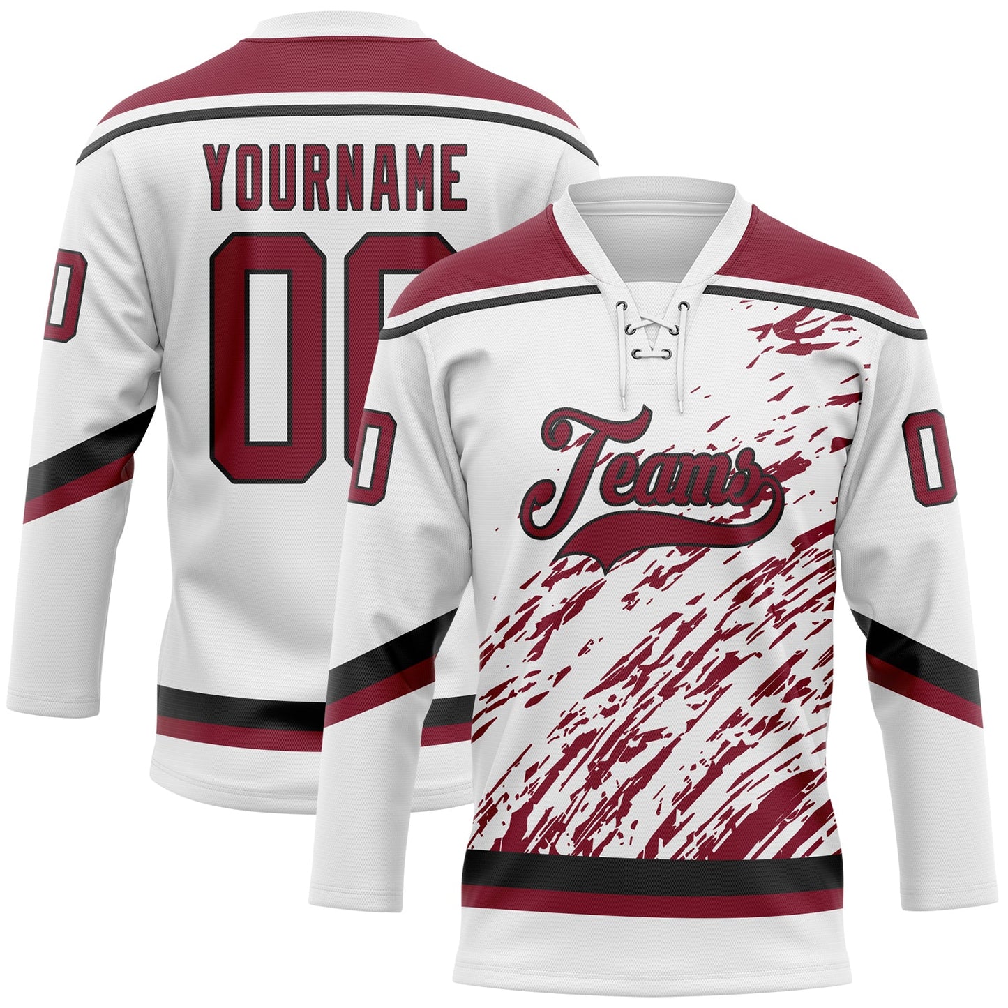 Custom White Crimson-Black 3D Splash Art Hockey Lace Neck Jersey - Main View