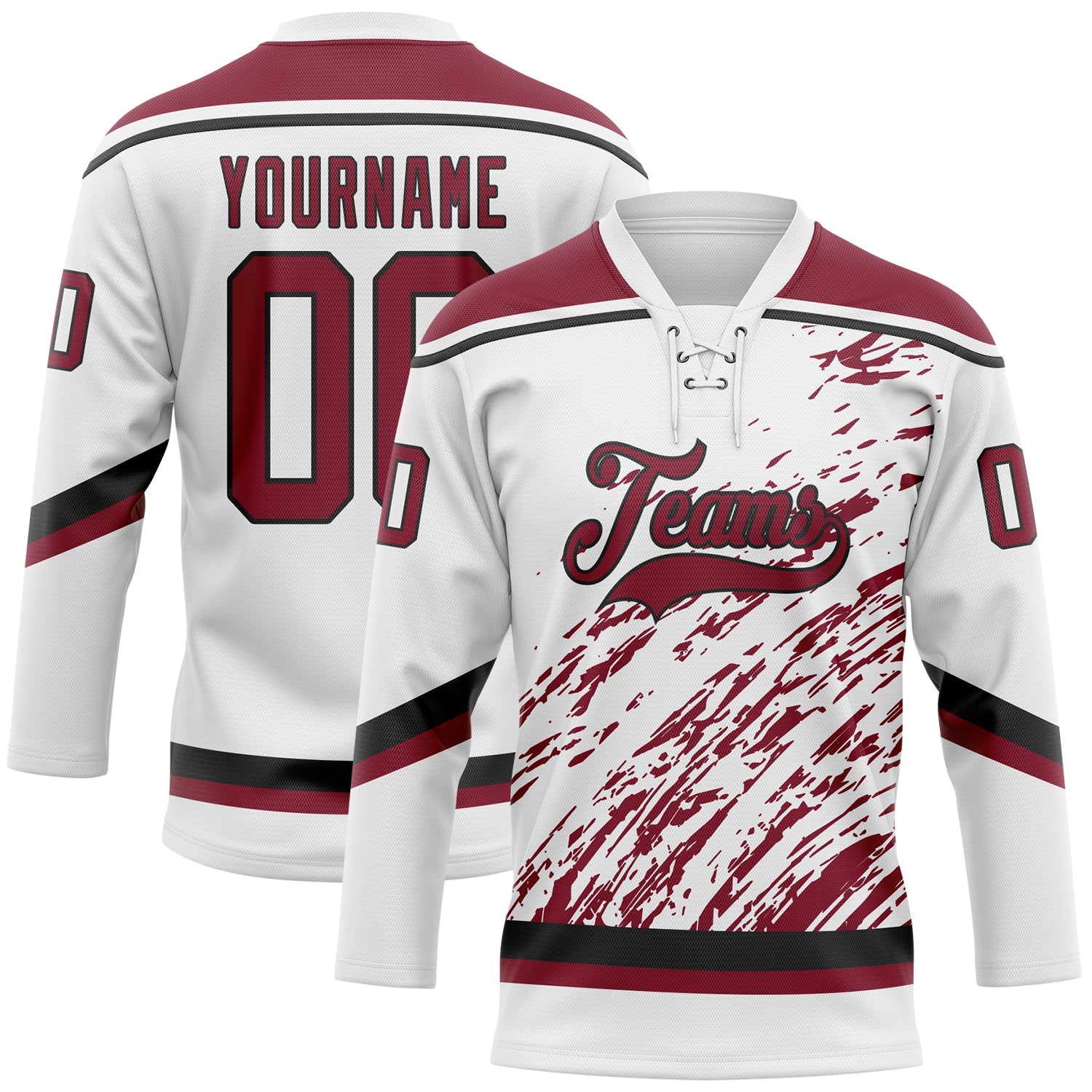 Custom White Crimson-Black 3D Splash Art Hockey Lace Neck Jersey - Main View