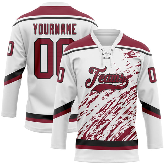 Custom White Crimson-Black 3D Splash Art Hockey Lace Neck Jersey - Main View