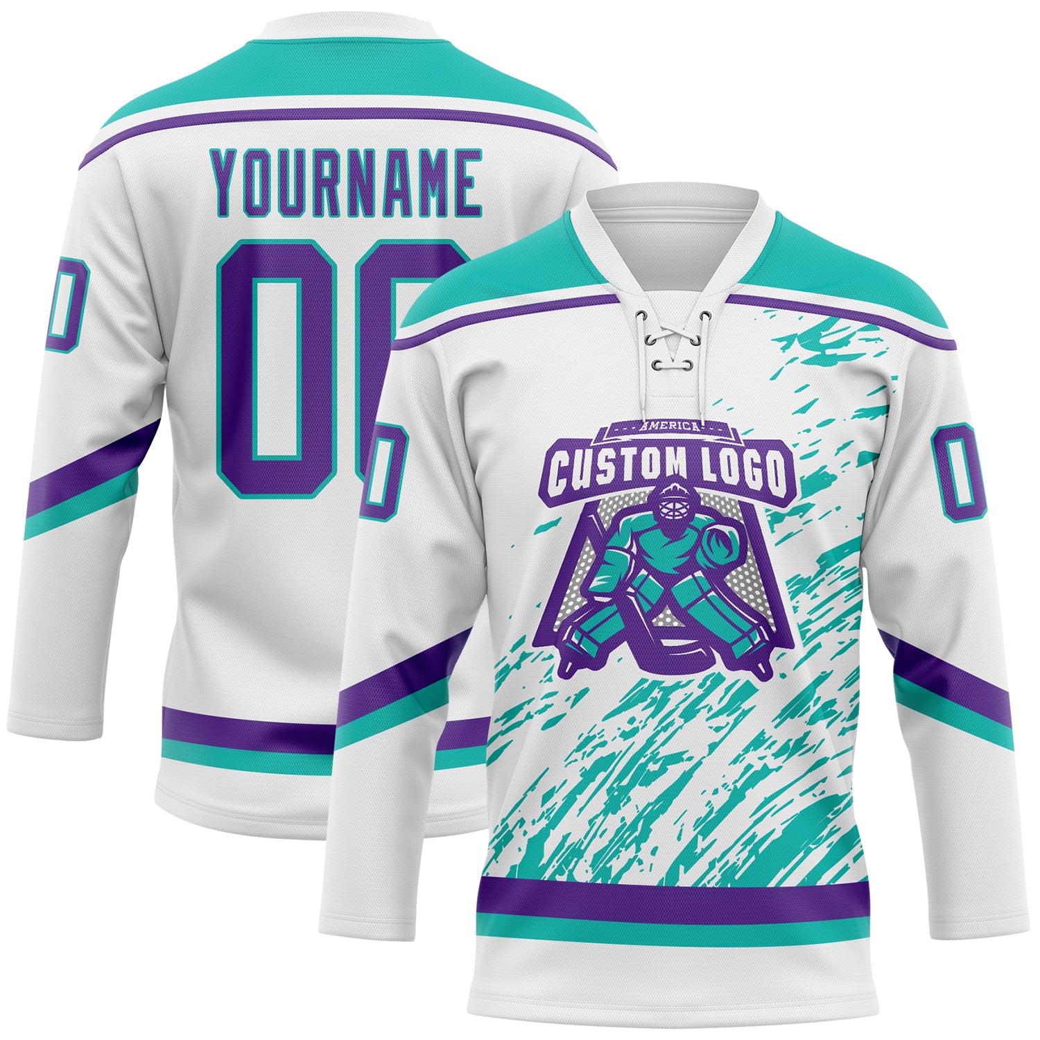 Custom White Purple-Aqua 3D Splash Art Hockey Lace Neck Jersey view 2